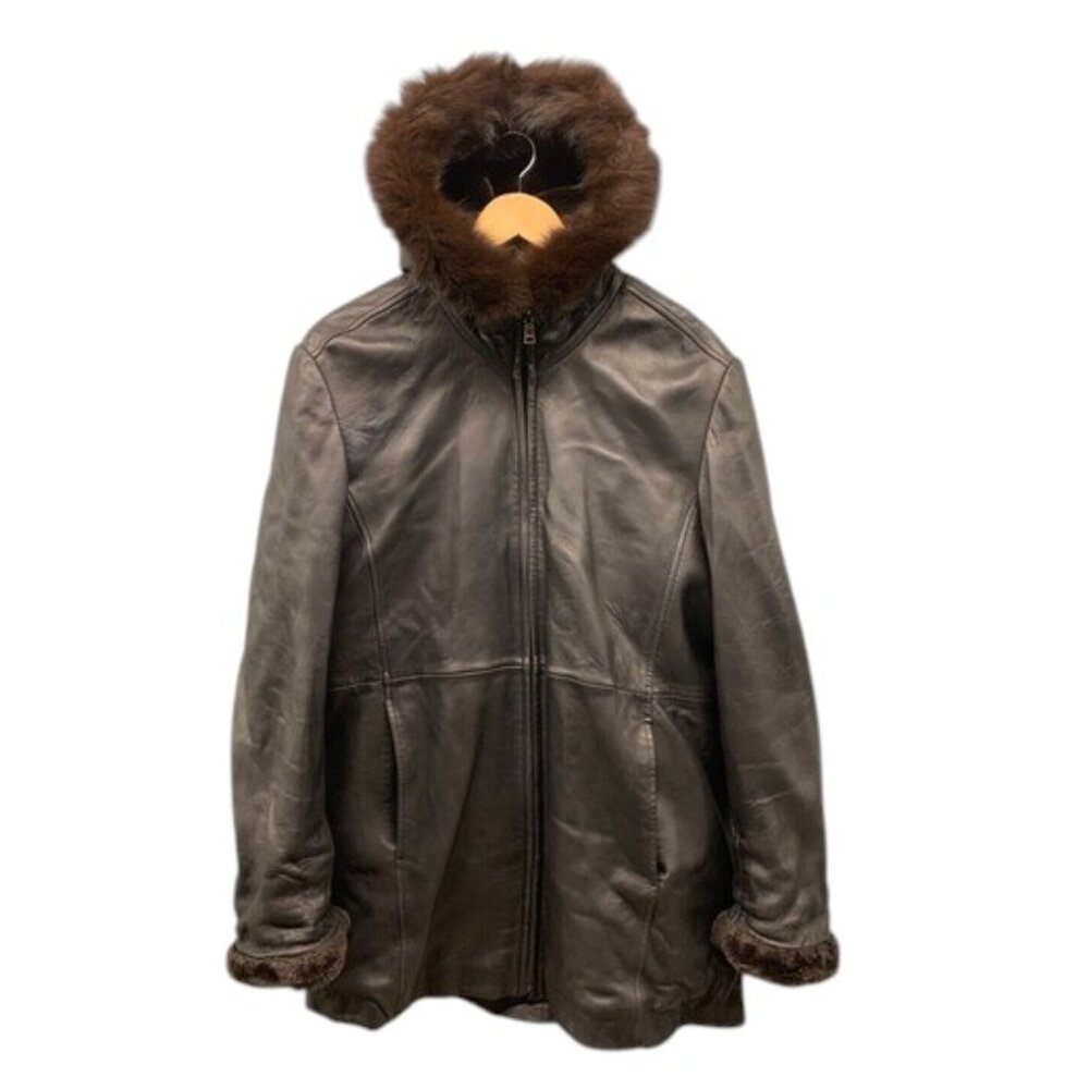 Marc‎ New York Leather Jacket Womens L Black Full Zip Coat Fox Fur Trim Collar